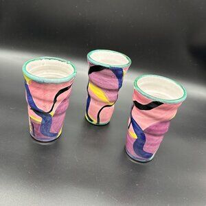 Art Pottery Tumblers Cups Redware Abstract Colorful Signed KE Handmade Painted